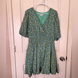 On 34th Floral Mini Dress Medium Green Blue Smocked Waist Puff Sleeve Lined